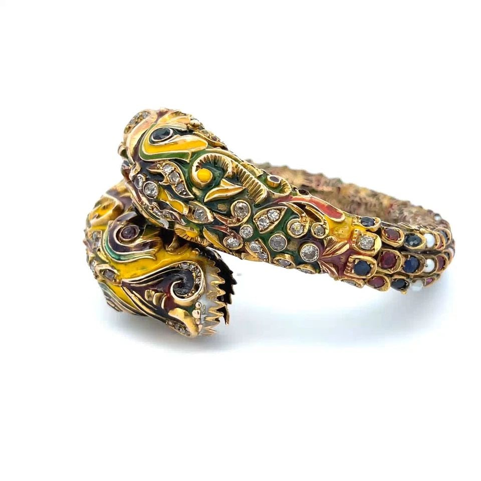 DRAGON BYPASS BRACELET OLD MINE CUT DIAMOND GEMS ENAMEL 14K GOLD: DRAGON BYPASS BRACELET OLD MINE CUT DIAMOND GEMS ENAMEL 14K GOLD This is a stunning and intricate design bracelet; it is crafted from 14k yellow gold featuring a double head dragon bangle with multi-c