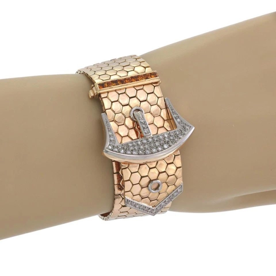 RETRO DIAMOND CITRINE18K ROSE GOLD BELT BUCKLE BRACELET 96.3GR LIQUIDATION: RETRO DIAMOND CITRINE18K ROSE GOLD BELT BUCKLE BRACELET 96.3GR Retro Diamond Citrine18k Rose Gold Belt Buckle Bracelet 96.3gr Description This is a gorgeous Retro Era bracelet, it is crafted from 18k 