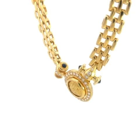 DIAMOND SAPPHIRE COIN PENDANT NECKLACE 18K GOLD 5 ROW PANTHER LINK: DIAMOND SAPPHIRE COIN PENDANT NECKLACE 18K GOLD 5 ROW PANTHER LINK This is a beautiful pendant and wide link necklace; it is crafted from 18k yellow gold with a polished finish. The pendant features a