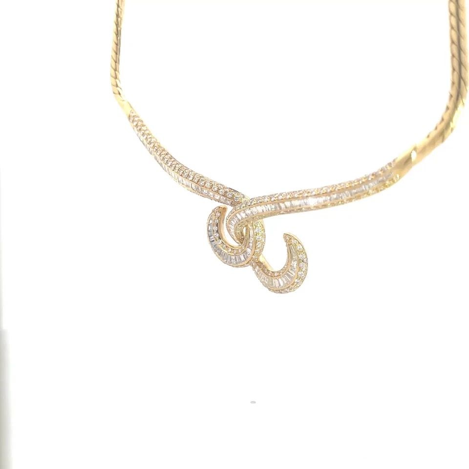 6876 AARON BASHA DIAMOND GOLD NECKLACE 7.5CT 18K YELLOW 2 INTERLACED HOOK STYLE: 6876 AARON BASHA DIAMOND GOLD NECKLACE 7.5CT 18K YELLOW 2 INTERLACED HOOK STYLE This stunning authentic necklace is by designer Aaron Basha. It is crafted from 18k yellow gold with a polished finish f