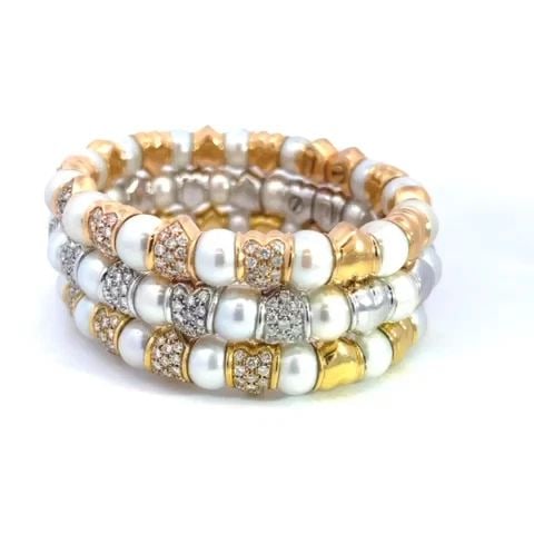 DIAMOND PEARLS 3 CUFF BRACELETS 3.60CT 18K TRI-GOLD FLEX BANGLE ITALY (1 of 2)
