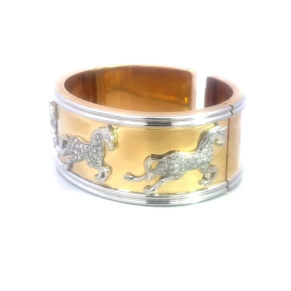 DIAMOND GOLD HORSE CUFF BRACELET 18K TWO TONE PAVE SET WIDE BAND (1 of 2)