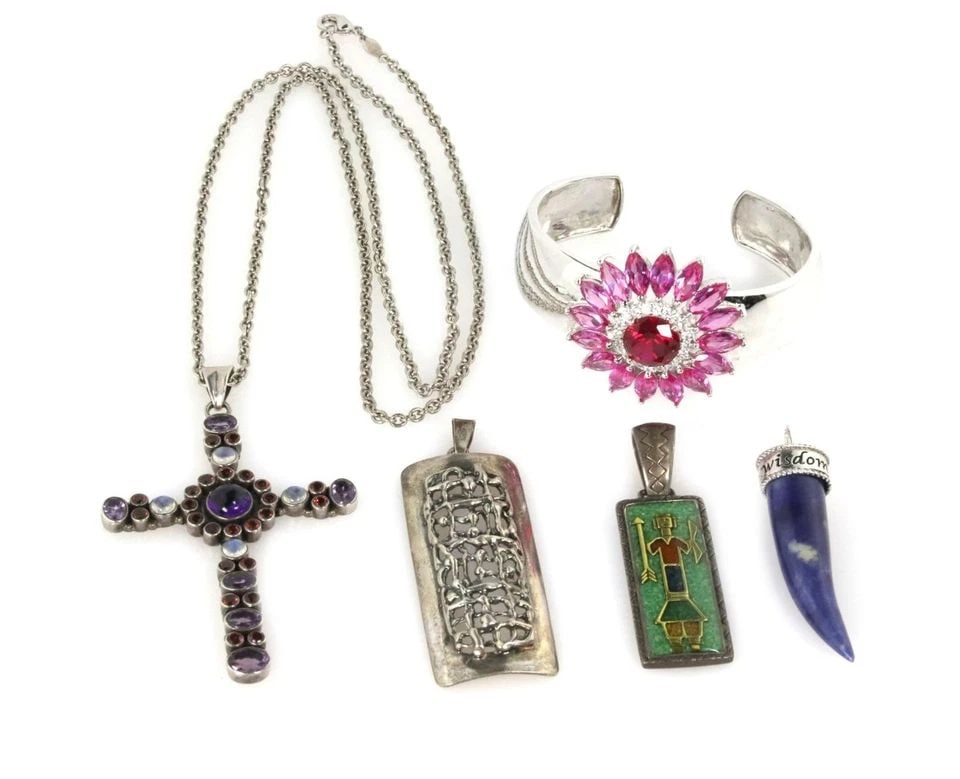 VINTAGE 5 PIECES GEMS STERLING SILVER BRACELET CHAIN & PENDANTS LIQUIDATION! (1 of 2)