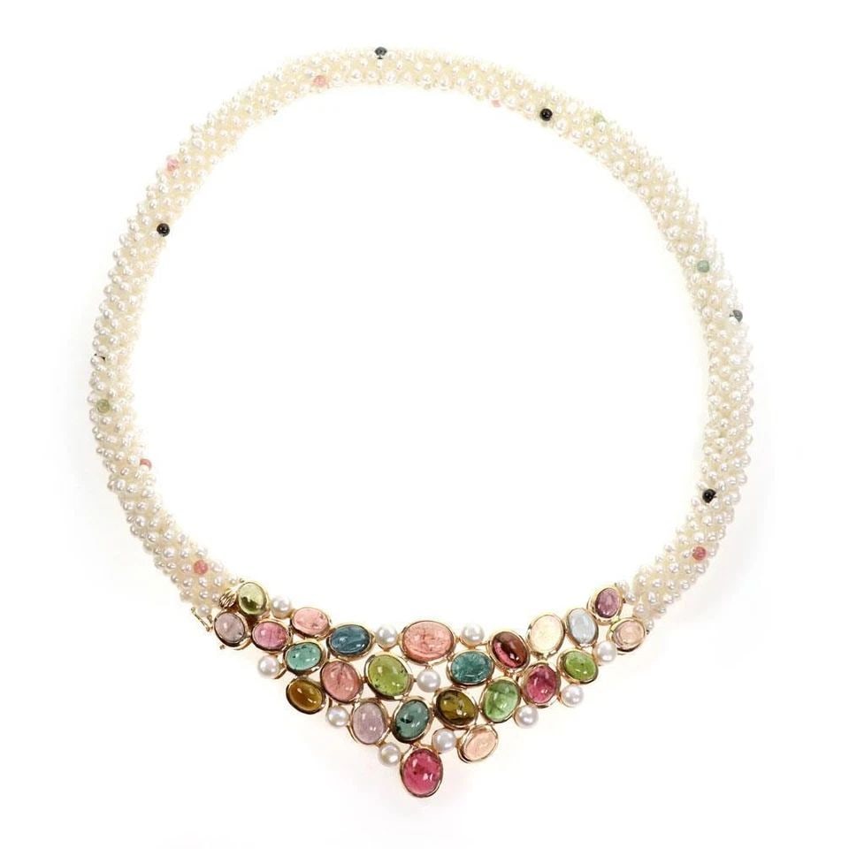ESTATE MULTICOLOR TOURMALINE GEMS 14K YELLOW GOLD PEARL NECKLACE LIQUIDATION: ESTATE MULTICOLOR TOURMALINE GEMS 14K YELLOW GOLD PEARL NECKLACE 2139Estate Multicolor Tourmaline Gems 14k Yellow Gold Pearl Necklace Description This impressive necklace is crafted from 14k yellow go