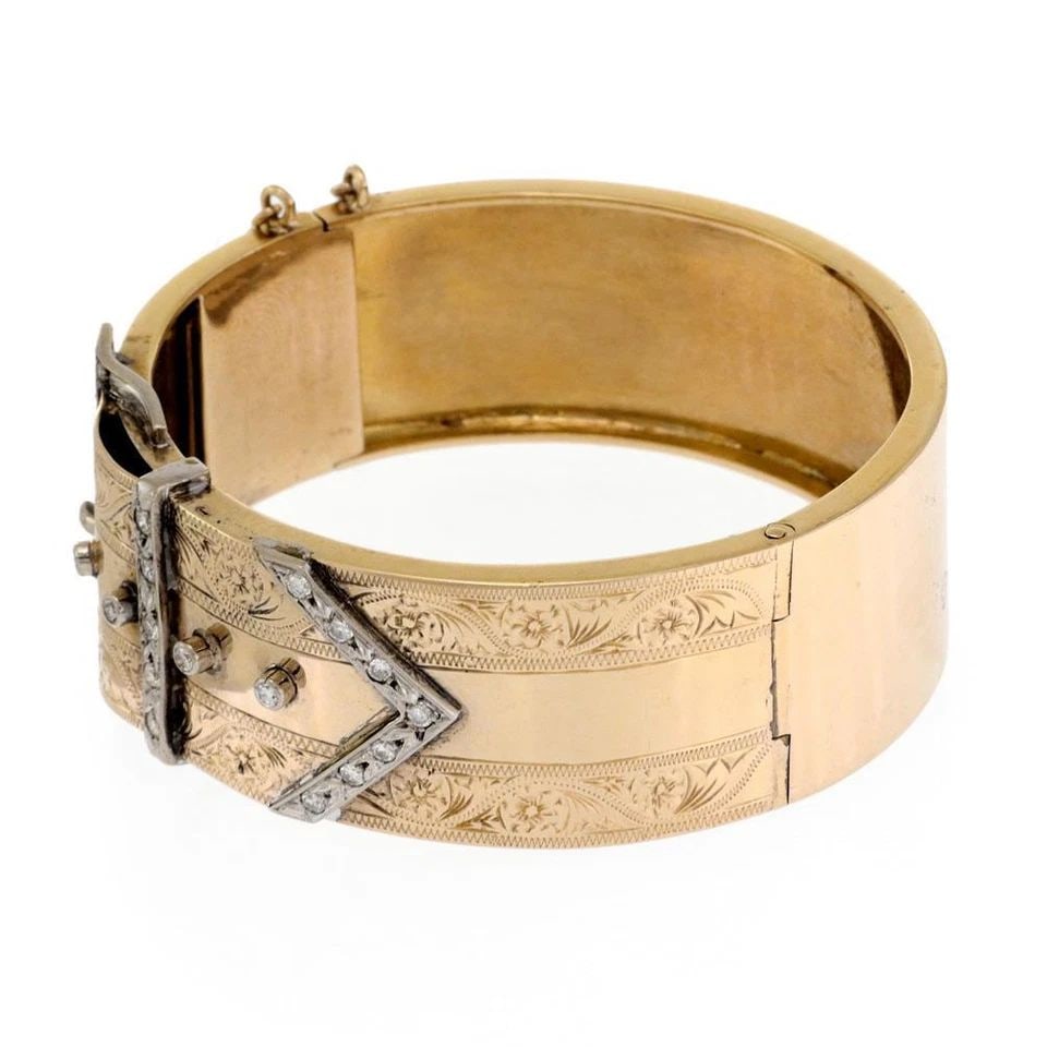 VINTAGE 1 CARAT 18K TWO TONE GOLD BELT BUCKLE WIDE BRACELET - LIQUIDATION: VINTAGE 1 CARAT 18K TWO TONE GOLD BELT BUCKLE WIDE BRACELET - Vintage 1 Carat 18k Two Tone Gold Belt Buckle Wide Bracelet - Description This lovely wide band vintage bracelet is crafted 18k yellow and