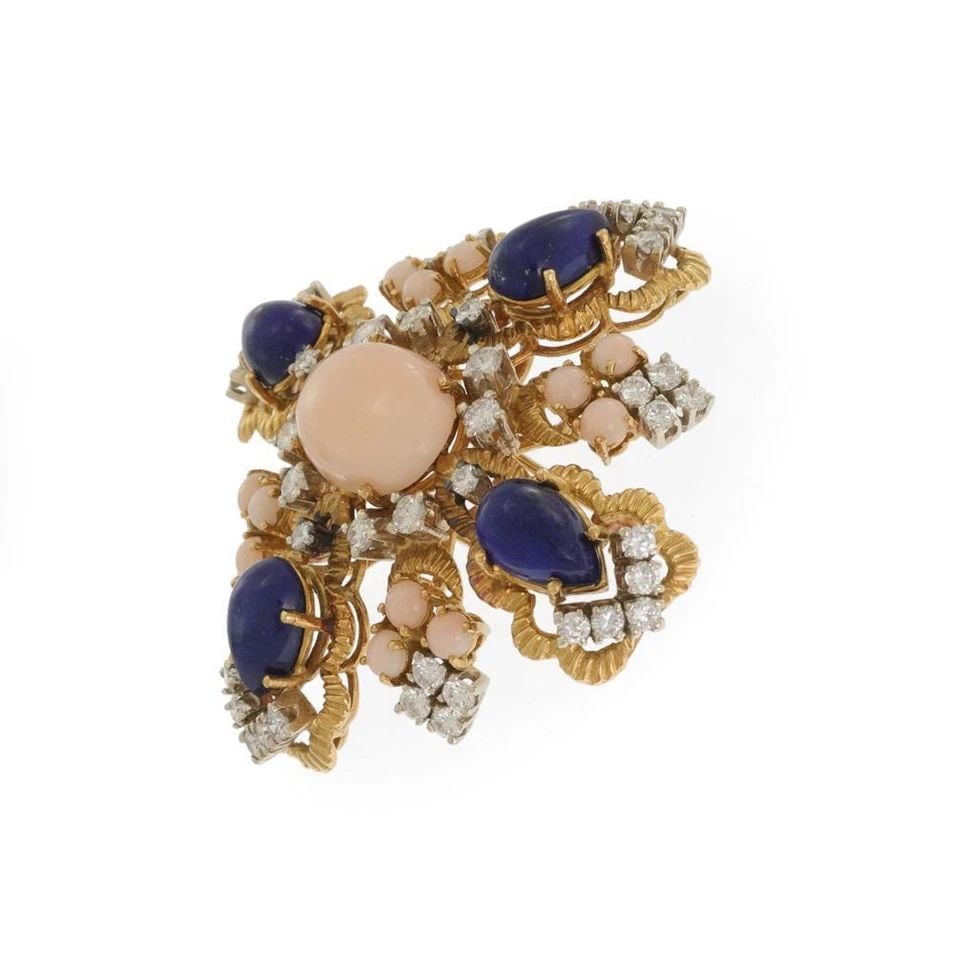 VINTAGE 4CT DIAMOND LAPIS CORAL 18K GOLD LARGE FLORAL BROOCH - LIQUIDATION (1 of 2)
