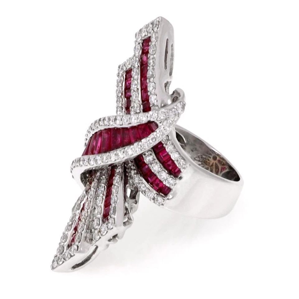 ESTATE 6.00CT DIAMOND RUBY 18K WHITE GOLD LARGE RIBBON BOW RING LIQUIDATION! (1 of 2)