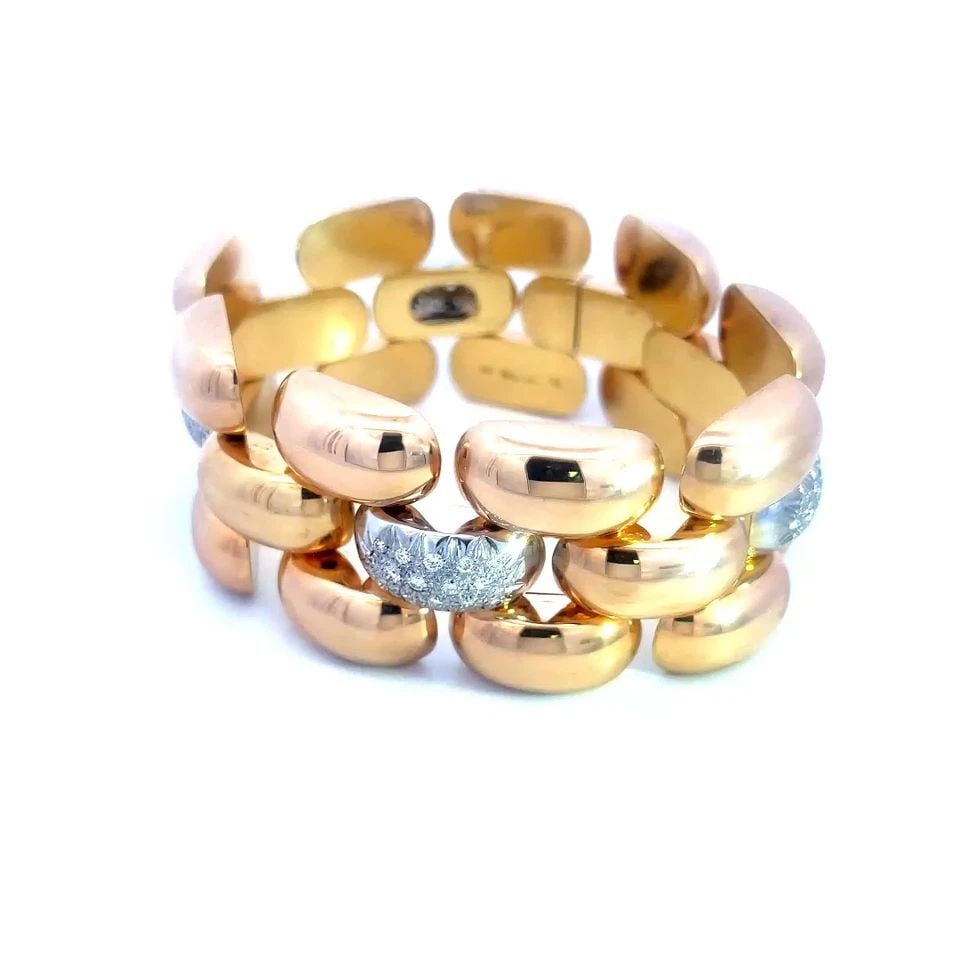DIAMOND GOLD BRACELET 18K ROSE WHITE 3 ROW BUBBLE LINK STYLE FIMMONE: This eye-catching 18k gold chic bracelet is signed Fimmone is a stunning piece of fine jewelry featuring three rows of high polished rose gold bubble links the center has alternating paves set diamond