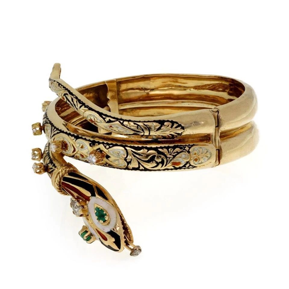 WIDE DIAMOND & EMERALD 14K YELLOW GOLD ENAMEL SNAKE BANGLE BRACELET LIQUIDATION (1 of 2)