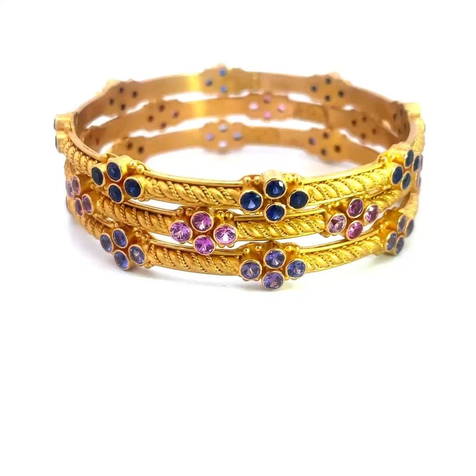 CAROLYN TYLER GOLD 22K SET OF 3 BANGLES GEMSTONES FLORAL MOTIFS (1 of 2)