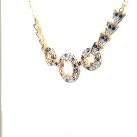 VINTAGE DIAMOND SAPPHIRE NECKLACE 18K 14K GOLD MARINER LINK CHAIN: VINTAGE DIAMOND SAPPHIRE NECKLACE 18K 14K GOLD MARINER LINK CHAIN This stunning vintage centerpiece is 18k rose gold base with 14k white gold top featuring a large circle link in the middle with a sma