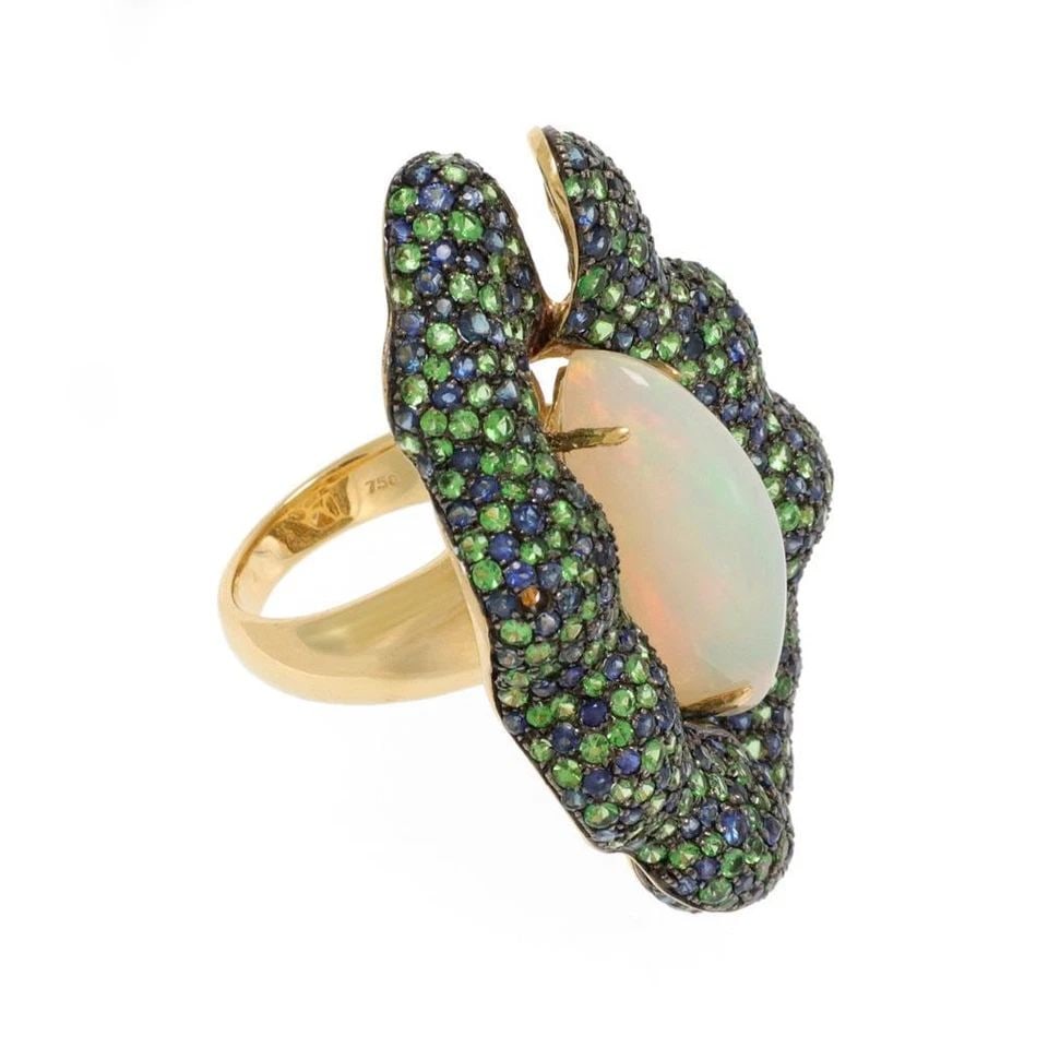 ESTATE 16.69CT OPAL SAPPHIRE 18K YELLOW GOLD LONG FLORAL RING LIQUIDATION! (1 of 2)