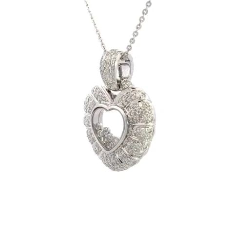 DIAMOND HEART 18K GOLD PENDANT FLOATING 14K WHITE GOLD CHAIN: DIAMOND HEART 18K GOLD PENDANT FLOATING 14K WHITE GOLD CHAIN This is a gorgeous large pendant with chain, crafted from 18k white gold with a polished finish. The pendant features a puffed style heart 