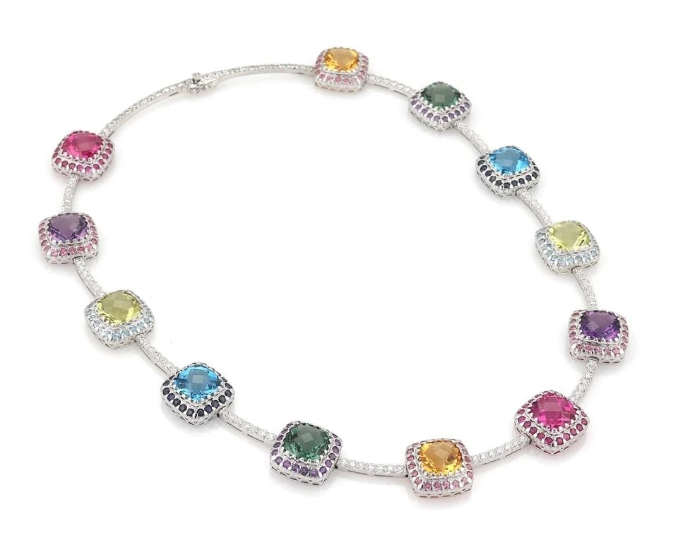 ESTATE 2 CARATS DIAMOND MULTICOLOR GEMS 18K WHITE GOLD NECKLACE LIQUIDATION!: ESTATE 2 CARATS DIAMOND MULTICOLOR GEMS 18K WHITE GOLD NECKLACE ! Estate 2 Carats Diamond Multicolor Gems 18k White Gold Necklace ! Description This magnificent Estate necklace is crafted from 18k whi
