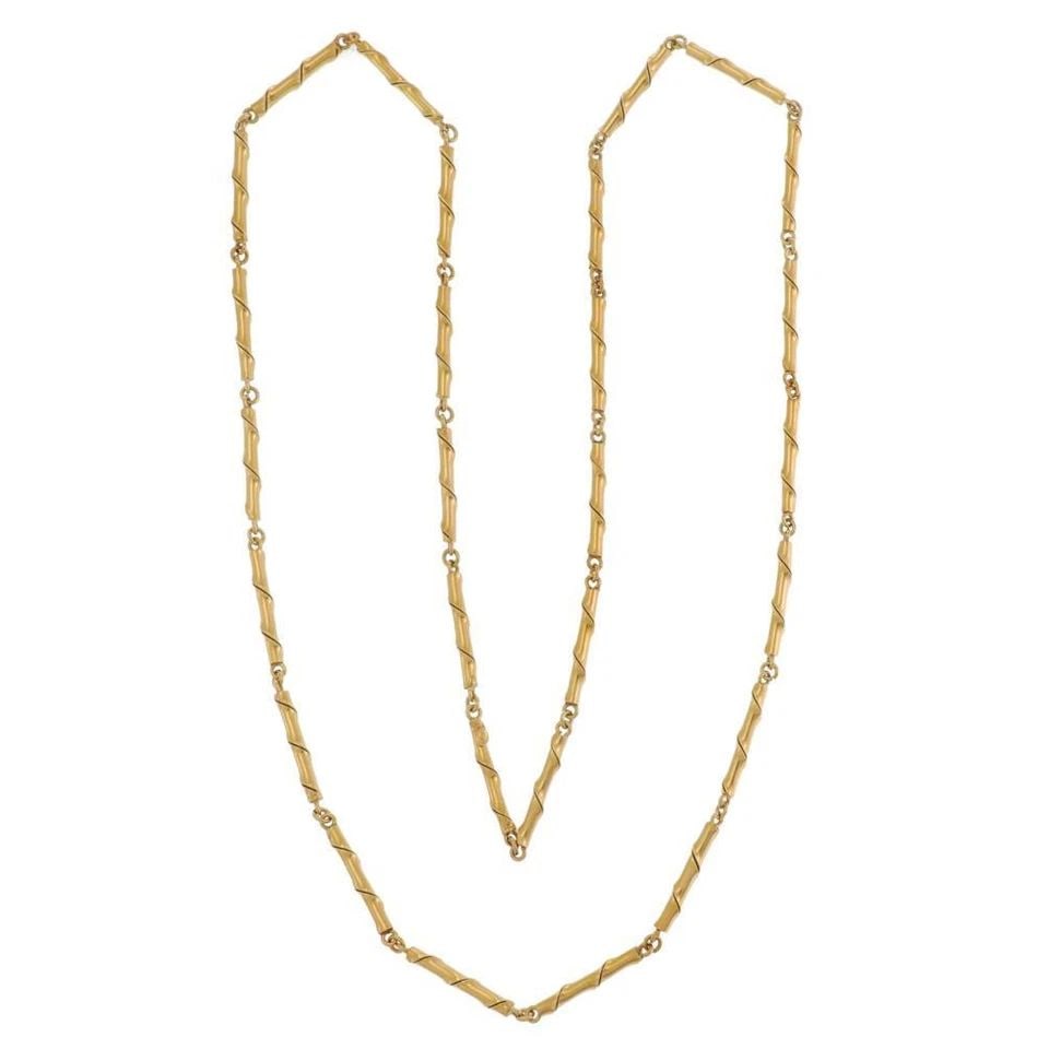LONG BAMBOO STYLE LINK 18K YELLOW GOLD NECKLACE 36"L 49.8GR: LONG BAMBOO STYLE LINK 18K YELLOW GOLD NECKLACE 36"L 49.8GR Long Bamboo Style Link 18k Yellow Gold Necklace 36"L 49.8gr Description This is a unique style link long chain, it is crafted from 18k yello