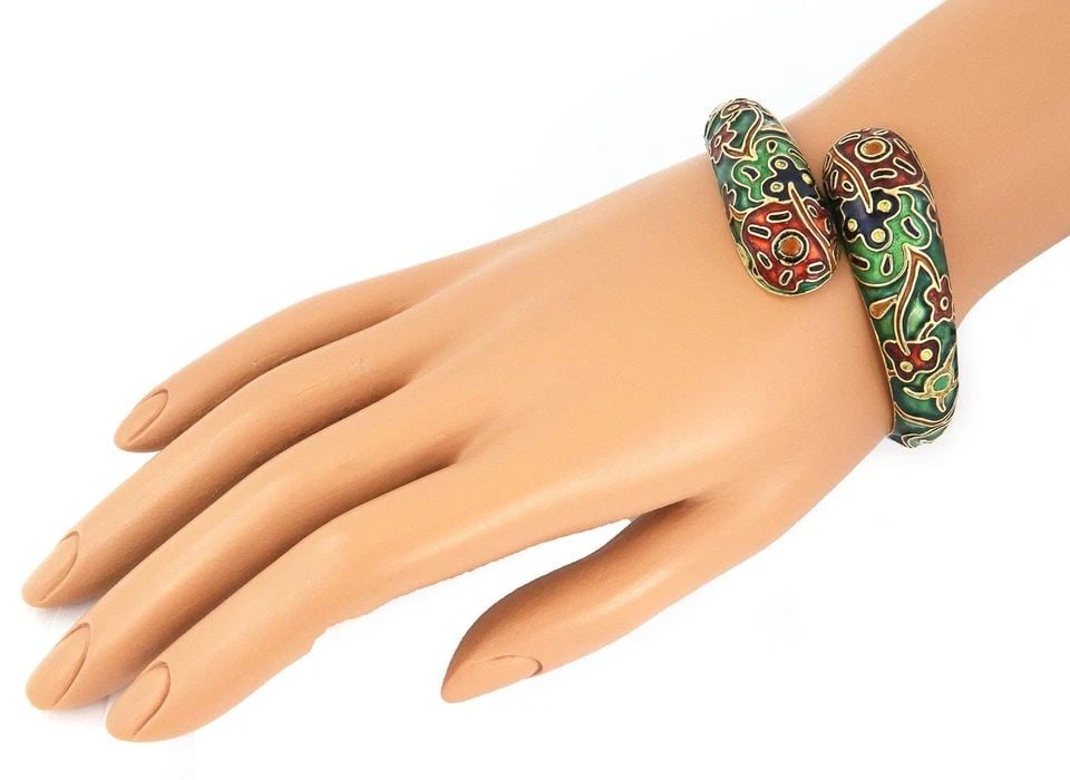 VINTAGE ENAMEL SNAKE BRACELET 18K YELLOW GOLD MULTI-COLOR BYPASS BANGLE (1 of 2)