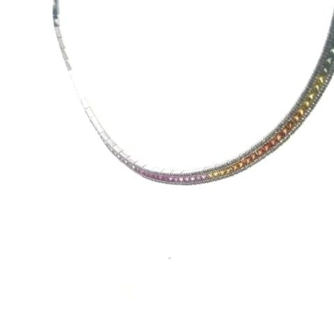 COLLAR NECKLACE RAINBOW SAPPHIRE DIAMOND 14K WHITE GOLD: COLLAR NECKLACE RAINBOW SAPPHIRE DIAMOND 14K WHITE GOLD This is a beautiful rainbow collar necklace; it is crafted from 14k white gold with a polished finish. The front half of the necklace is 5.5mm w