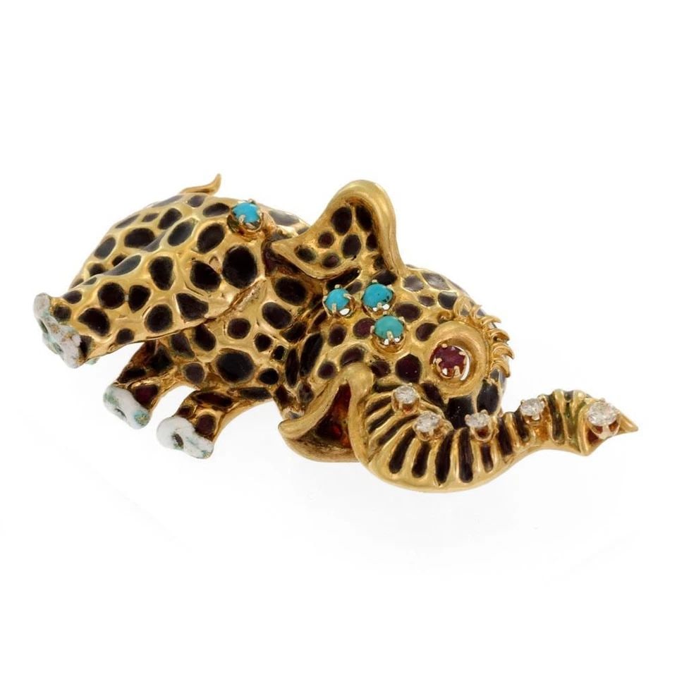 3D BABY ELEPHANT BROOCH ESTATE DIAMOND GEMS ENAMEL 18K GOLD 41G ADORABLE: 3D BABY ELEPHANT BROOCH ESTATE DIAMOND GEMS ENAMEL 18K GOLD 41G ADORABLE Estate Diamond Gems Enamel 18k Gold 3D Baby Elephant Brooch- Description This is a beautiful sculpted and adorable baby elephan