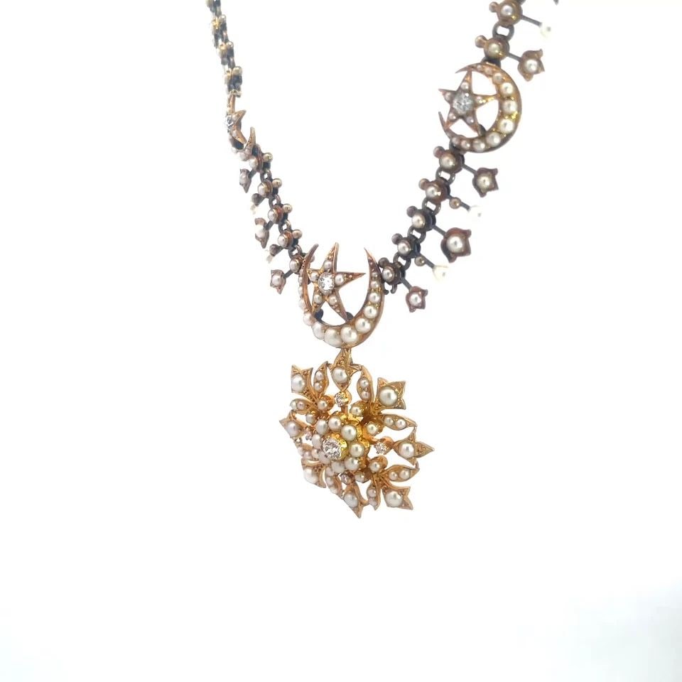 VICTORIAN DIAMOND GOLD NECKLACE 18K YELLOW MOON & STARS FLORAL MOTIFS (1 of 2)