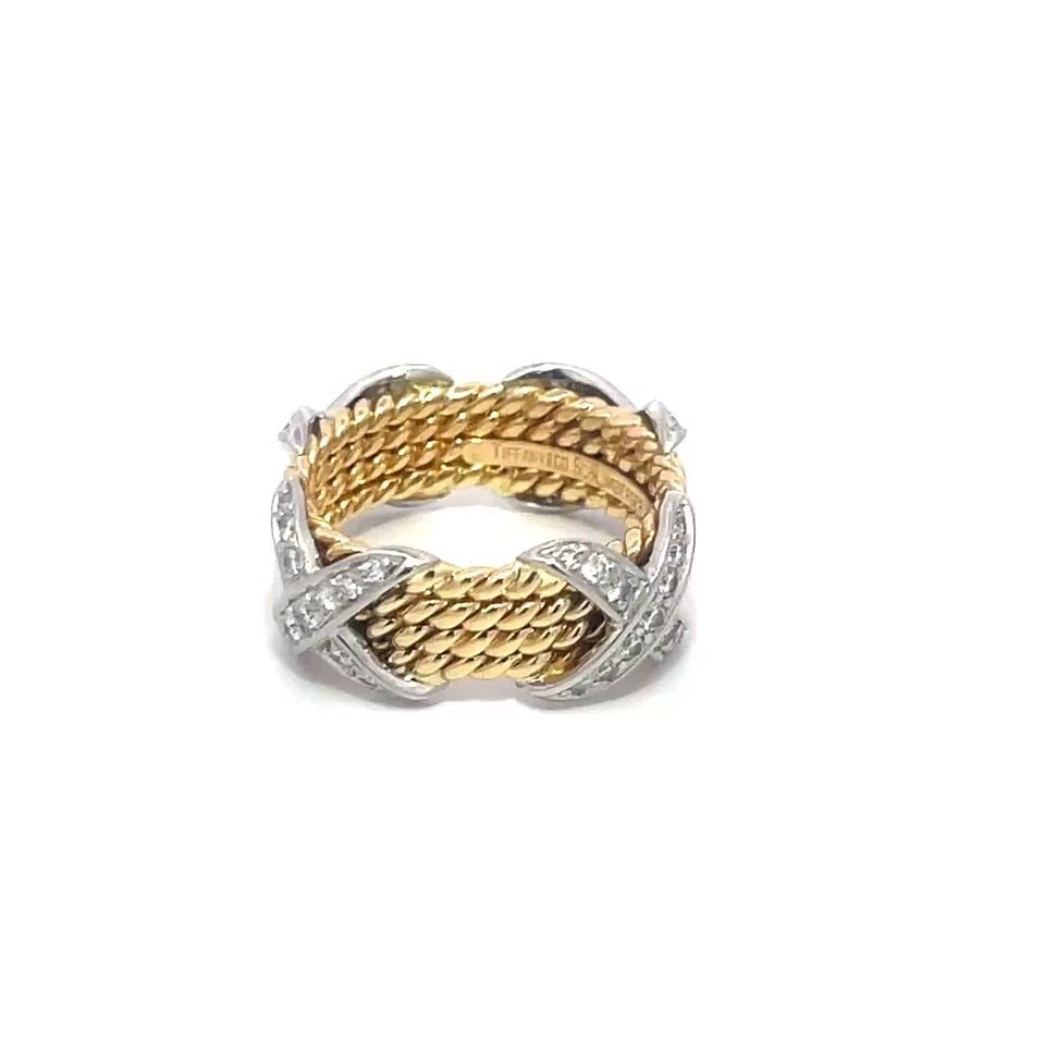 TIFFANY & CO. SCHLUMBERGER DIAMOND X BAND PLATINUM 18K GOLD 4 ROW SIZE 6.25 (1 of 2)