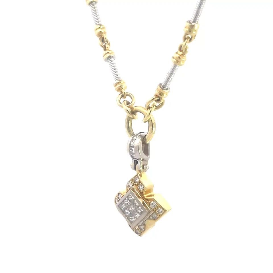 7075 DIAMOND GOLD PLATINUM NECKLACE 18K 14K YELLOW PRINCESS CUT FLORAL PENDANT: This diamond gold platinum necklace features a beautiful flower pendant with invisible set princess cut white diamonds in gold square shape frame with round diamond accent around the yellow gold petal