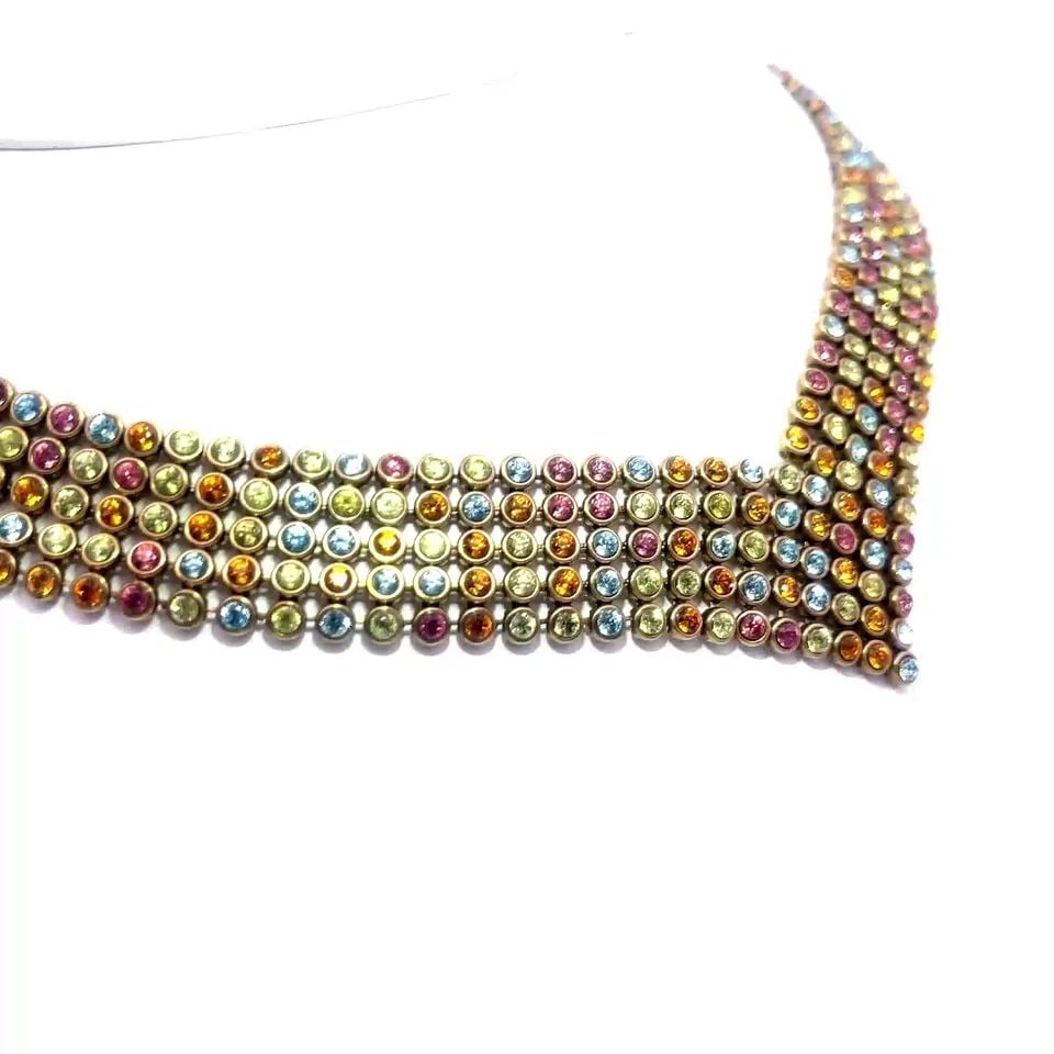 GOLD 14K COLLAR NECKLACE WIDE MULTICOLOR GEMSTONE YELLOW GOLD: GOLD 14K COLLAR NECKLACE WIDE MULTICOLOR GEMSTONE YELLOW GOLD This is a beautiful 14k yellow gold collar necklace featuring 5 rows wide small round links joined together by short stick links. Each row
