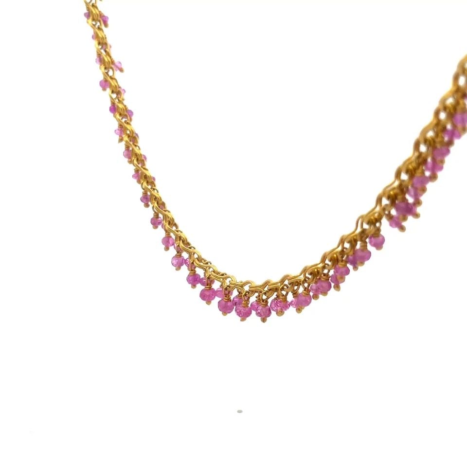 GOLD 22K GEMSTONE NECKLACE YELLOW GENUINE DANGLE BEAD COLLAR STYLE: GOLD 22K GEMSTONE NECKLACE YELLOW GENUINE DANGLE BEAD COLLAR STYLE This stunning collar necklace is crafted from 22k yellow gold with double wire small figure 8 links chain, it secures with a large ho
