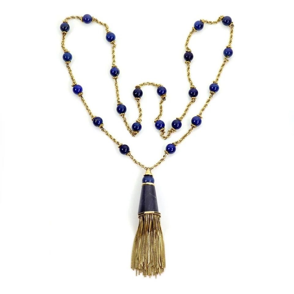 14K YELLOW GOLD LAPIS NECKLAC TASSEL PENDANT BEAD CHAIN 60 GRAMS VINTAGE (1 of 2)