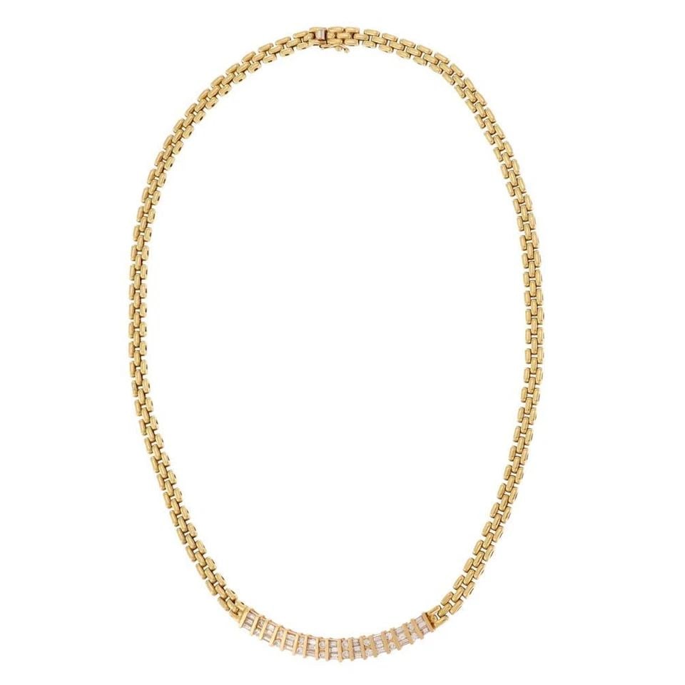 DIAMOND PANTHER NECKLACE IN 14K YELLOW GOLD 3 ROWS: DIAMOND PANTHER NECKLACE IN 14K YELLOW GOLD 3 ROWS Estate 1.70ct Diamond 14k Yellow Gold Panther Link Necklace Description This beautiful necklace is crafted from 14k yellow gold featuring a long 6mm 