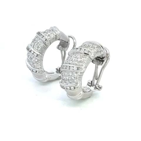 ROBERTO COIN DIAMOND 18K WHITE GOLD 1.5CT WRAPPED STYLE HOOP EARRINGS: ROBERTO COIN DIAMOND 18K WHITE GOLD 1.5CT WRAPPED STYLE HOOP EARRINGS Elegant and authentic by Roberto Coin, this lovely pair of earrings are crafted from 18k white gold with a polished finish featuri