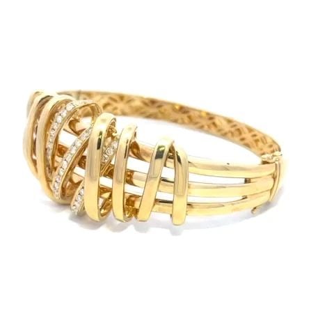 DIAMOND GOLD BRACELET 14K YELLOW RIBBON WRAP DESIGN HINGED BANGLE 3D (1 of 2)