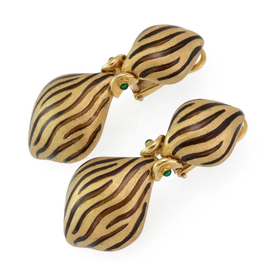 ESTATE 18K YELLOW GOLD EMERALD ENAMEL FANCY DANGLE EARRINGS - LIQUIDATION! (1 of 2)