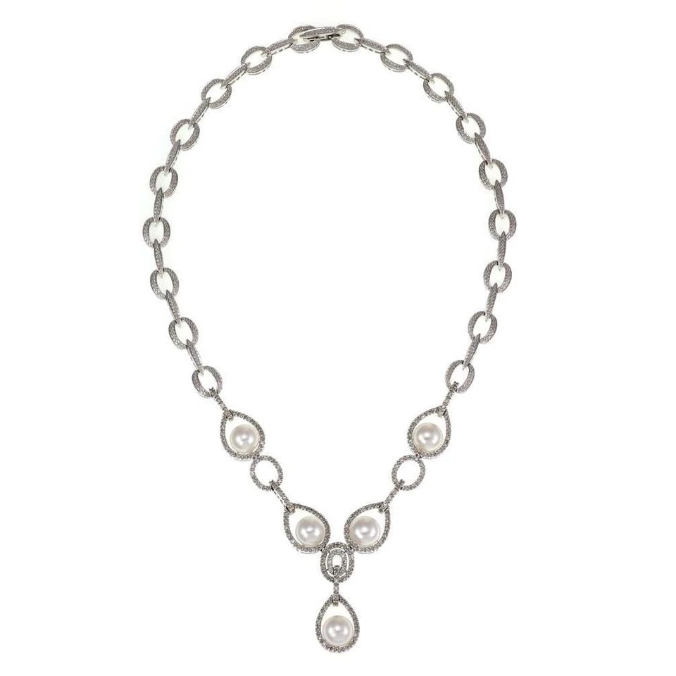 14K WHITE GOLD 1.00CT DIAMOND PEARLS FANCY NECKLACE LIQUIDATION! (1 of 2)