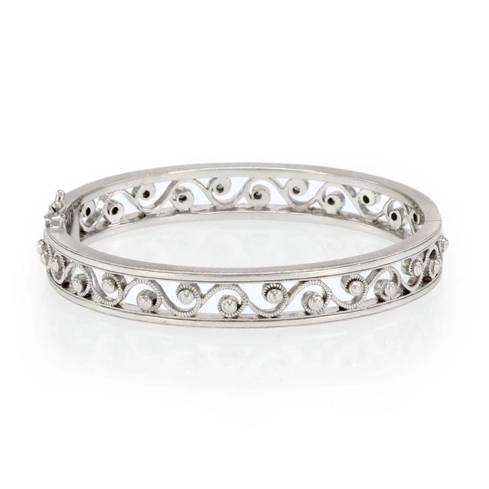 18K WHITE GOLD 1.00CT DIAMOND MILGRAIN SCROLL WIDE BANGLE BRACELET LIQUIDATION! (1 of 2)