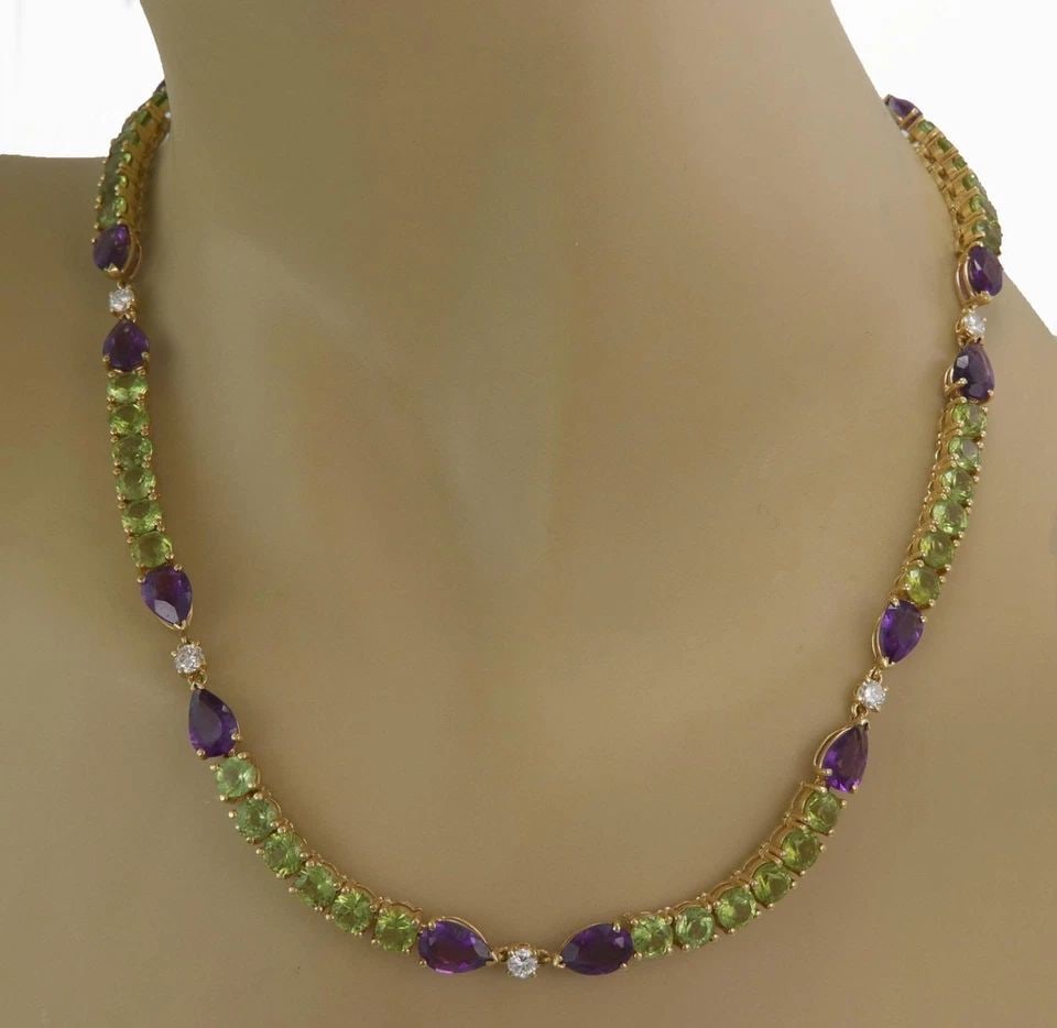 DIAMOND GOLD NECKLACE PERIDOT & AMETHYST 18K YELLOW 18"L 42 GRAMS: 57ct Diamond Peridot & Ametyst 18k Yellow Gold Fancy Necklace - LIQUIDATION! Description This lovely Estate necklace is crafted from 18k yellow gold featuring long sections, each joined together by sm