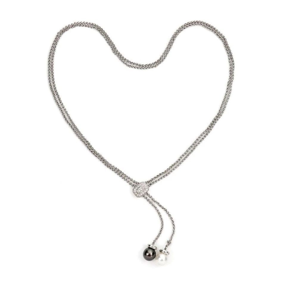 DIAMOND AND PEARLS NECKLACE 18K WHITE GOLD DOUBLE CHAIN LARIAT PENDANT: Diamond Pearls 18k White Gold Double Chain Lariat Pendant Description This beautiful double chain lariat style necklace is crafted from 18k white gold. The center pendant also serves as the clasp to a
