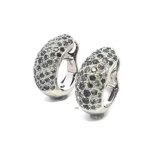 DIAMOND 18K GOLD HOOP EARRINGS BLACK & WHITE SPARKLE OVAL SHAPE: DIAMOND 18K GOLD HOOP EARRINGS BLACK & WHITE SPARKLE OVAL SHAPE This stunning pair of oval hoop earrings are crafted from 18k white gold with a polished finish. The front of the dome shape earrings ha