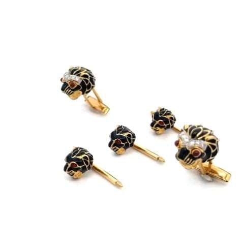 DIAMOND ENAMEL LION CUFFLINKS STUD SET 14K YELLOW GOLD (1 of 2)
