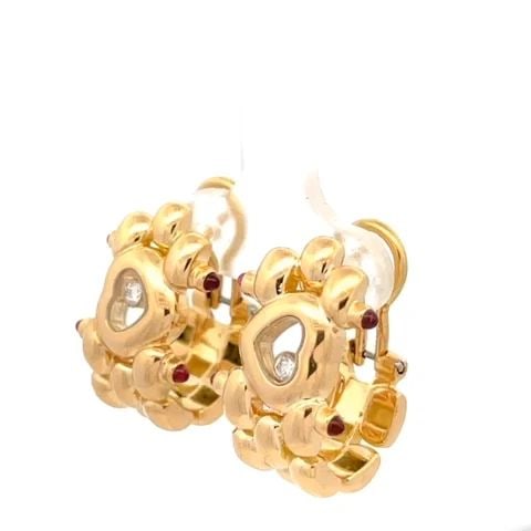 CHOPARD HAPPY DIAMOND EARRINGS 18K GOLD & GEMS HUGGIE HALF HOOP: CHOPARD HAPPY DIAMOND EARRINGS 18K GOLD & GEMS HUGGIE HALF HOOP This is an authentic pair of earrings by Chopard from the Happy Diamond Collection. They are crafted from 18k yellow gold featuring an o