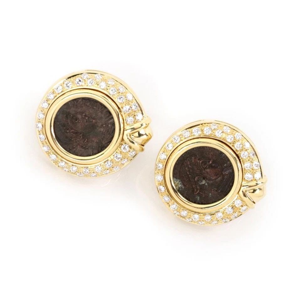 VINTAGE 1.80CT DIAMOND 18K YELLOW GOLD ROMAN COIN EARRINGS LIQUIDATION! (1 of 2)
