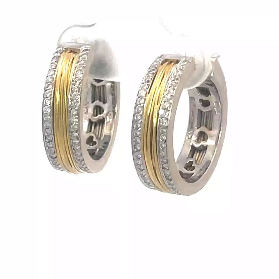 PASQUALE BRUNI GOLD EARRINGS DIAMOND 18K TWO TONE HOOP STYLE: This lovely pair of authentic hoop earrings are by Pasquale Bruni, crafted from 18k white gold with yellow gold accent. The pair features 6mm wide hoops with fine line textured yellow gold around the 