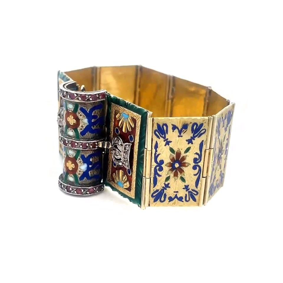 VICTORIAN DIAMOND GOLD BRACELET FOLDING ENAMEL BOOK 14K SMALL SIZE 6.3": VICTORIAN DIAMOND GOLD BRACELET FOLDING ENAMEL BOOK 14K SMALL SIZE 6.3" This is a gorgeous Victorian Era bracelet, it is 14k yellow gold with silver accent featuring 9 hinged rectangle shaped panels/b
