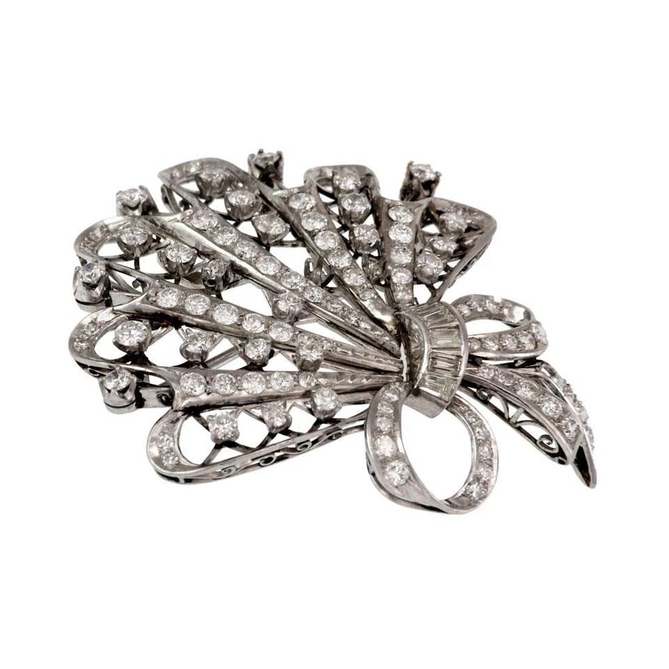 ESTATE 2.50CT DIAMOND PLATINUM FLOWER & RIBBON BOW BROOCH LIQUIDATION (1 of 2)