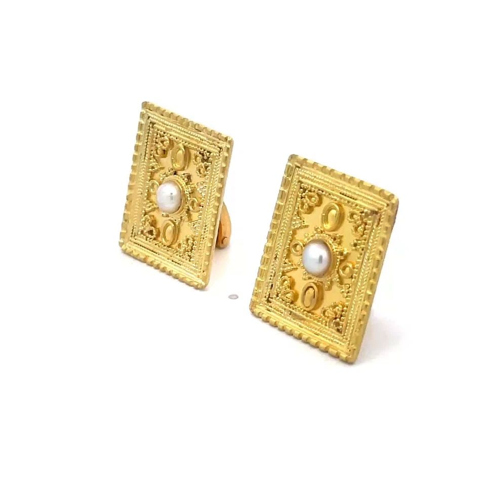 ILIAS LALAOUNIS 22K GOLD EARRINGS YELLOW PEARL RECTANGLE ETRUSCAN HUGGIE: ILIAS LALAOUNIS 22K GOLD EARRINGS YELLOW PEARL RECTANGLE ETRUSCAN HUGGIE This eye-catching vintage pair of authentic earrings are by designer Ilias Lalaouns, they are crafted from 22k yellow gold feat