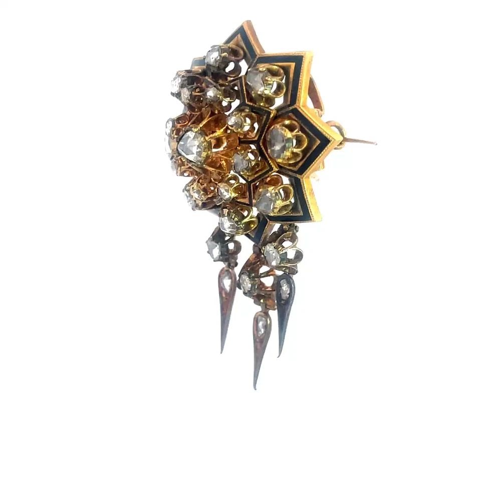 VICTORIAN DIAMOND GOLD BROOCH 18K YELLOW ENAMEL STARBURST DANGLE PENDANT: VICTORIAN DIAMOND GOLD BROOCH 18K YELLOW ENAMEL STARBURST DANGLE PENDANT The lovely Victorian Diamond 18k yellow gold brooch/pendant is a fine piece of antique jewelry featuring a multi-point starburs