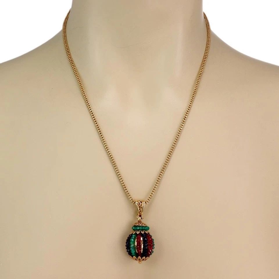 ESTATE SAPPHI EMERALD RUBY 14K YGOLD FANCY BALL PENDANT & CHAIN LIQUIDATION: ESTATE SAPPHI EMERALD RUBY 14K YGOLD FANCY BALL PENDANT & CHAIN Estate Sapphi Emerald Ruby 14k YGold Fancy Ball Pendant & Chain Description This is a beautiful pendant and chain, crafted from 14k yell