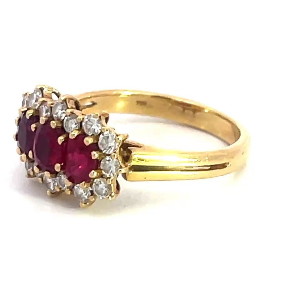 PICCHIOTTI RUBY GOLD RING DIAMOND 18K YELLOW 3 STONE ACCENT STYLE CERT BOX: This gorgeous ring is by Italian designer Picchiotti, 18k yellow gold with smooth polished shank and band, it is a stunning piece of fine jewelry featuring 3 natural red rubies as the main stones, acc