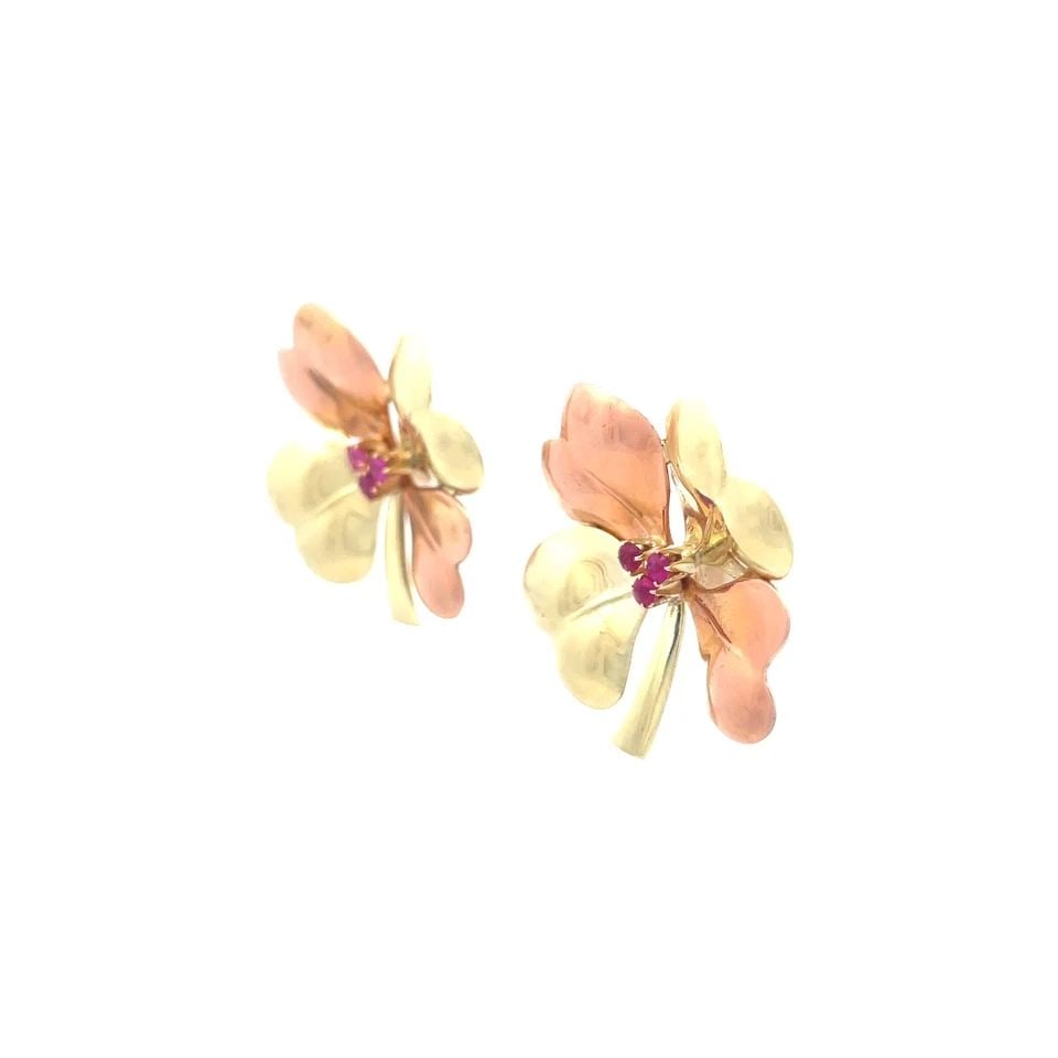 GOLD 14K GEMSTONE EARRINGS TWO TONE FLOWER STUD STYLE RETRO (1 of 2)