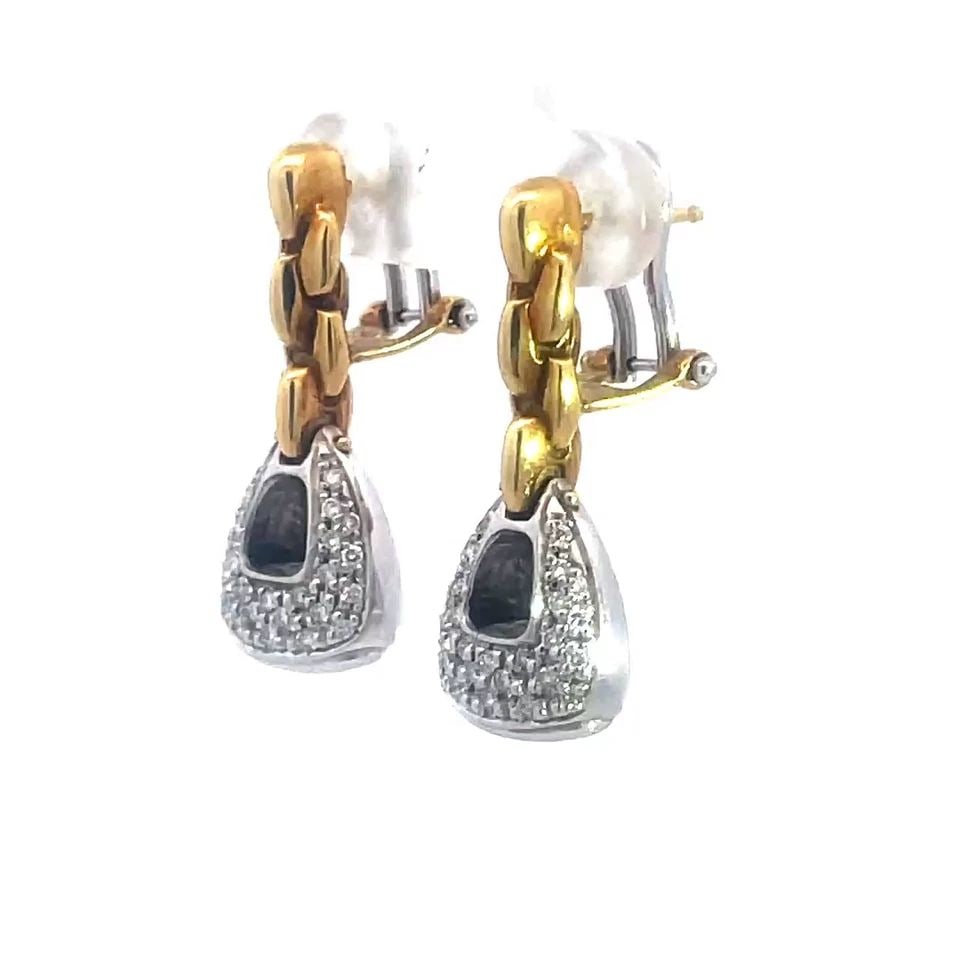 FOPE DIAMOND GOLD EARRINGS 18K TWO TONE PAVE SET DANGLE STYLE: FOPE DIAMOND GOLD EARRINGS 18K TWO TONE PAVE SET DANGLE STYLE Exude timeless elegance with these stunning Fope diamond gold earrings, crafted in 18k yellow and white gold and featuring a dazzling pav�