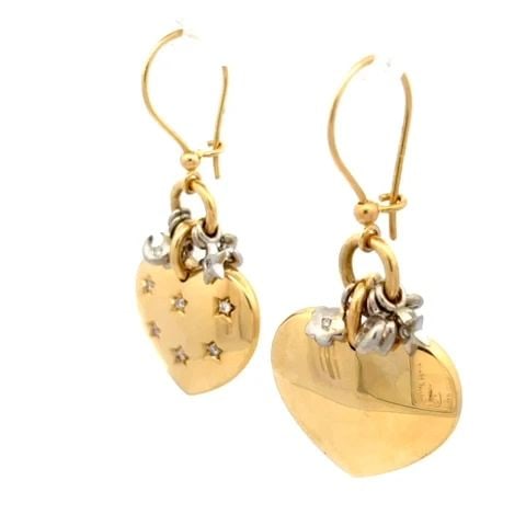 DIAMOND HEARTS DANGLE EARRINGS 18K GOLD STARS CRESCENT MOON MOTIFS SIGNED: DIAMOND HEARTS DANGLE EARRINGS 18K GOLD STARS CRESCENT MOON MOTIFS SIGNED This is a chic pair of earrings; they are signed and are crafted from 18k yellow and white gold featuring puffed hearts dangli